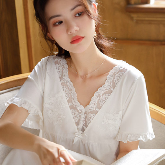 Short-sleeved nightdress women's cotton retro court style elegant lace princess Pajamas Soft V-neck outerwear home wear summer