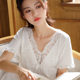 Short-sleeved nightdress women's cotton retro court style elegant lace princess Pajamas Soft V-neck outerwear home wear summer