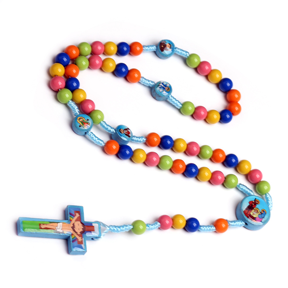 [Spot] children's colorful rosary necklace color beaded cartoon cross Amazon cross-border jewelry wholesale