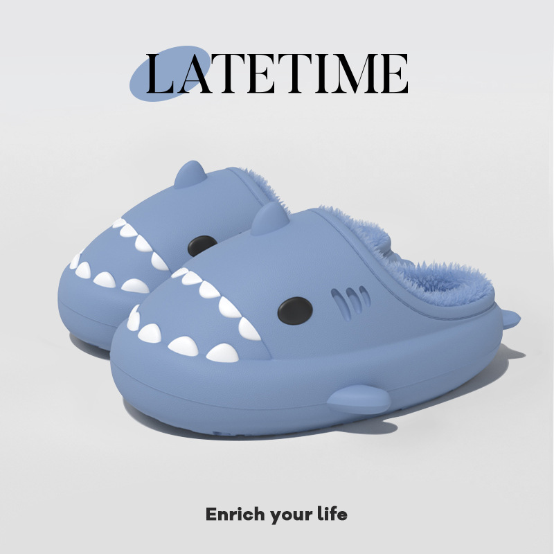 Waterproof shark cotton slippers women's winter indoor warm plush thick bottom non-slip couple's home three-mouth cotton shoes