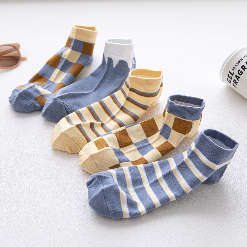 Socks Women's Short Socks Spring New Japanese Plaid Boat Socks Contrast Color Women's Socks Cotton Socks Cream Flowing Street ins Tide