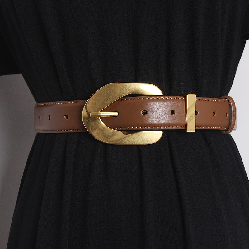 Belt Women's Design Sense Gold Buckle Korean ins-style Cowhide Coat Waist Seal Suit Outer Belt Belt