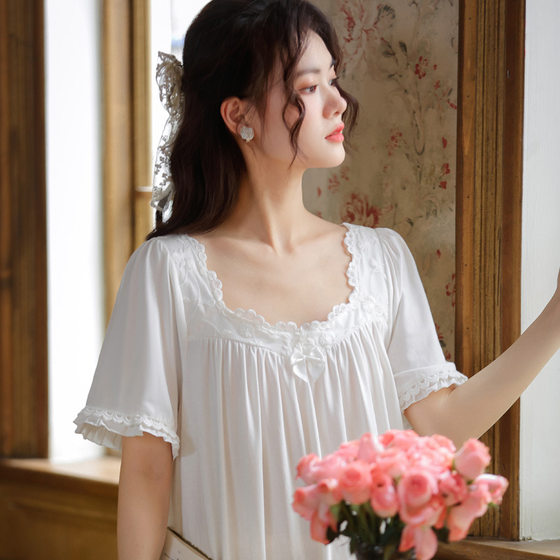 Short-Sleeved Nightgown Women's Summer Cotton Palace Style Elegant Lace Princess Pajamas Loose Large Size Soft Outwear Home Clothes