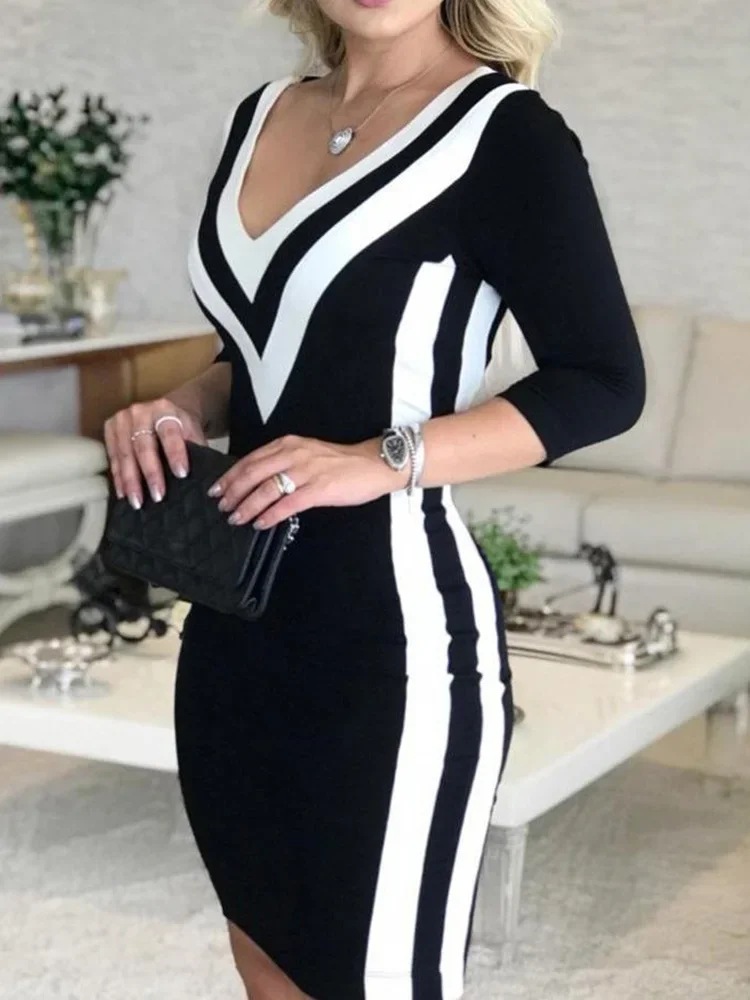 2022 Amazon Europe and the United States foreign trade new slim sleeve V-neck chip stitching dress a large number of spot