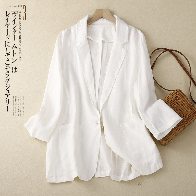 Cotton and linen casual three-quarter sleeve short coat women's solid color small suit top 2024 spring new literary small coat