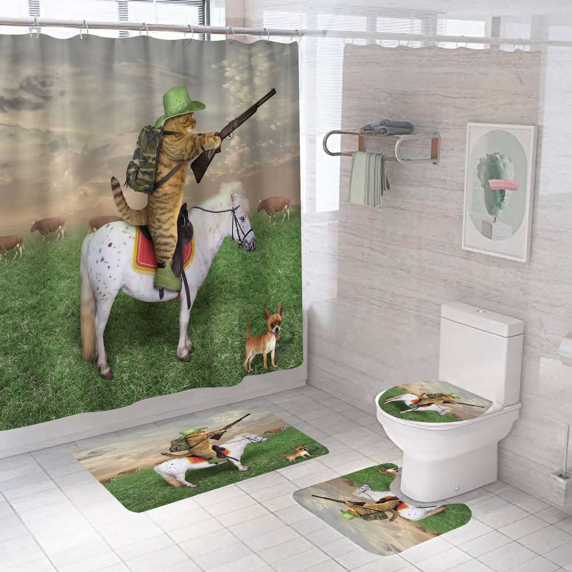 Cross-border new cat world shower curtain suit digital printing polyester shower curtain punch-free shower curtain bathroom curtain