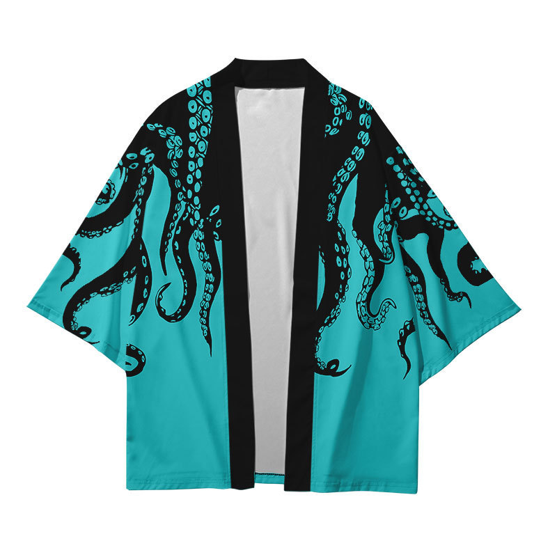 Summer kimono cross-border octopus Series 3D printed cropped shirt gown cardigan loose Men's Feather woven custom delivery