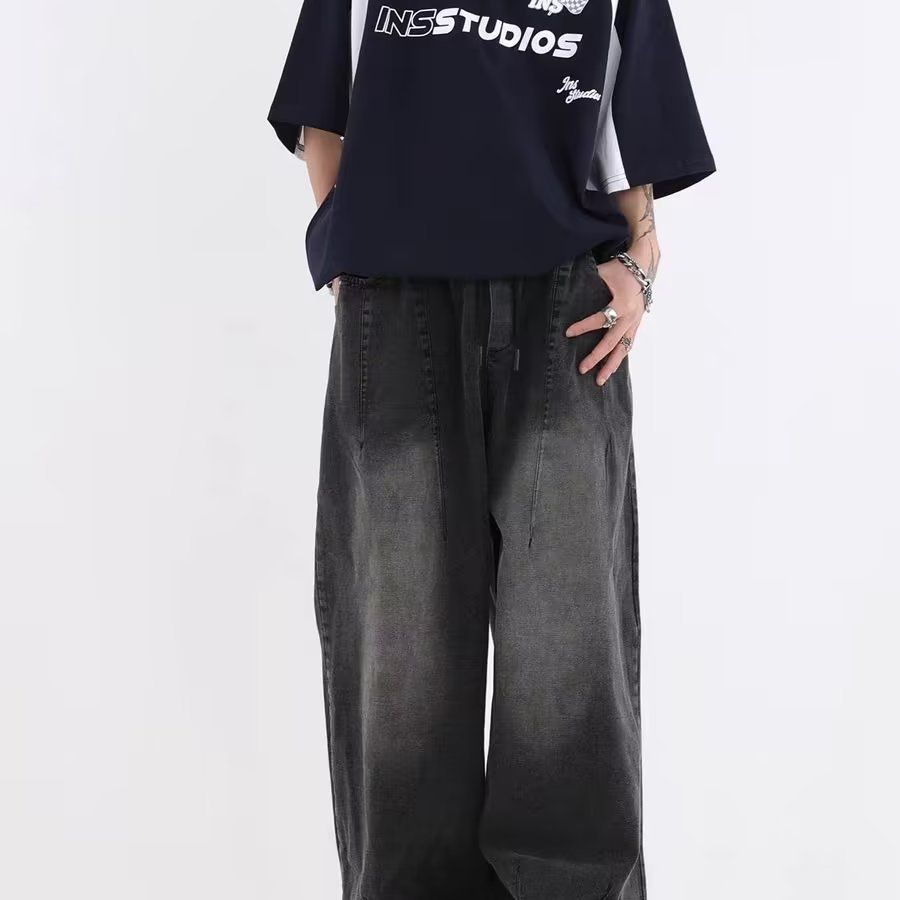Japanese style cityboy national fashion brand couple American gradient washed jeans loose wide leg pants straight pants men