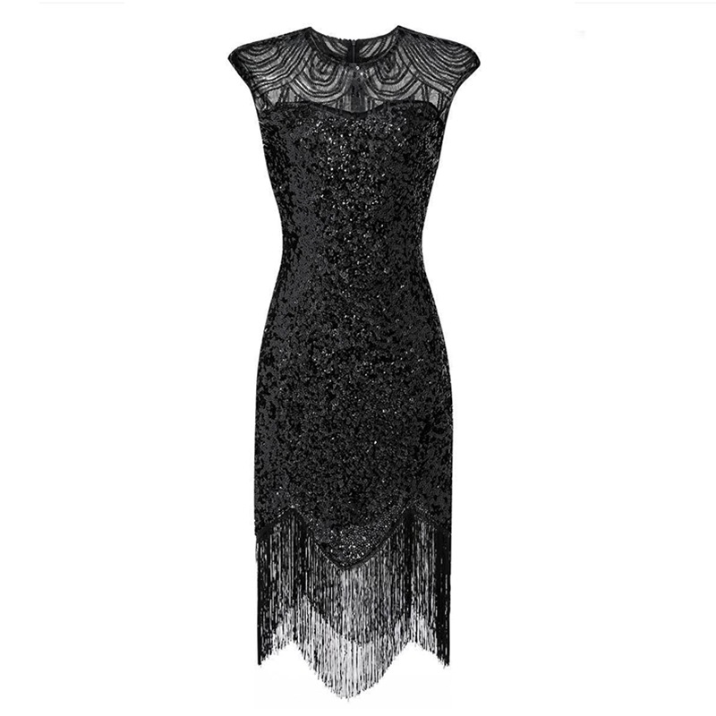 Amazon Explosive Banquet Evening Dress 1920 Vintage Sequin Tassel Dress Large Size Solid Color Stage Performance Dress