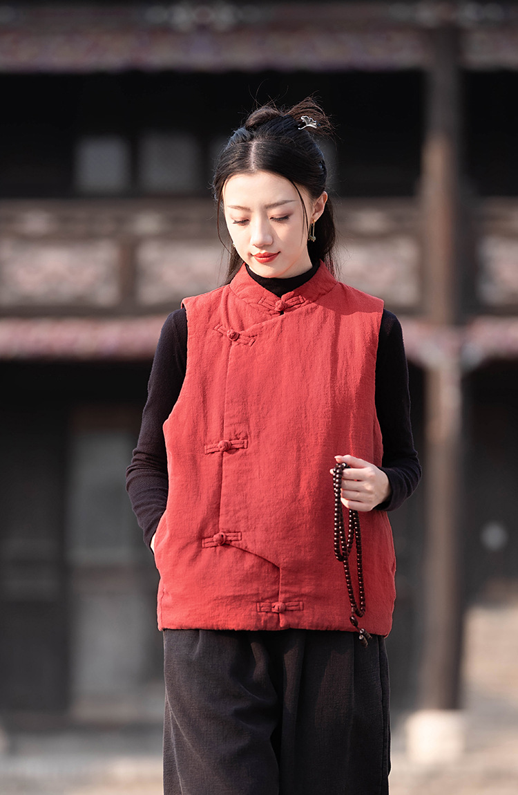 23 cotton and linen women's clothing New National style vintage buckle cotton vest top women's sand wash linen quilted warm vest_voghion.com