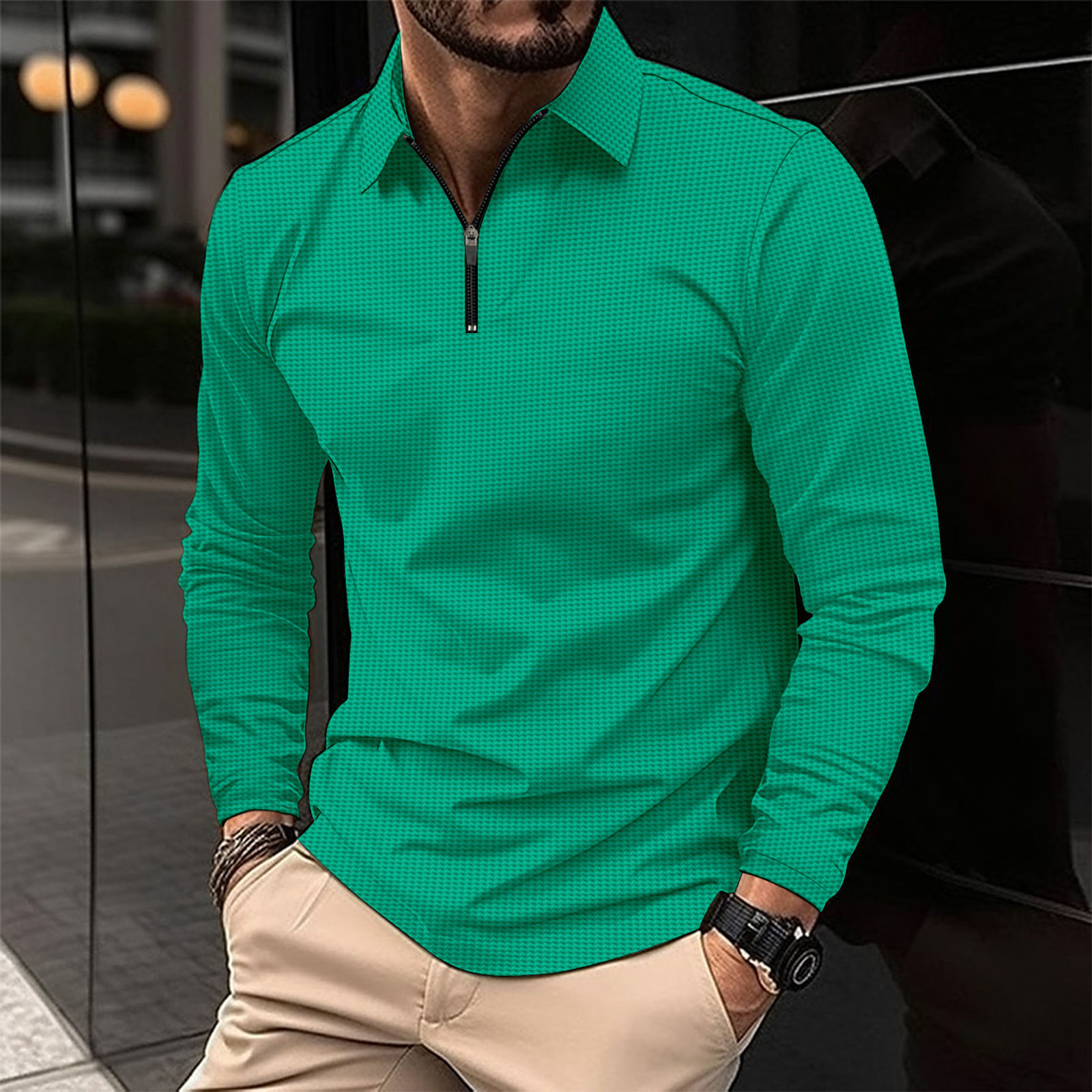 New independent station ebay cross-border European and American men's lapel fashion solid color waffle long sleeve men's T-shirt POLO