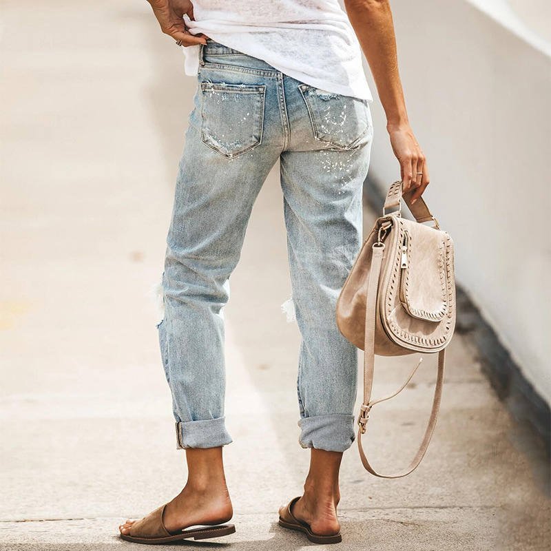 2021 Summer New Amazon Cross-border Europe and the United States Stretch Washed Hole Straight Street Style Denim Pants for Women