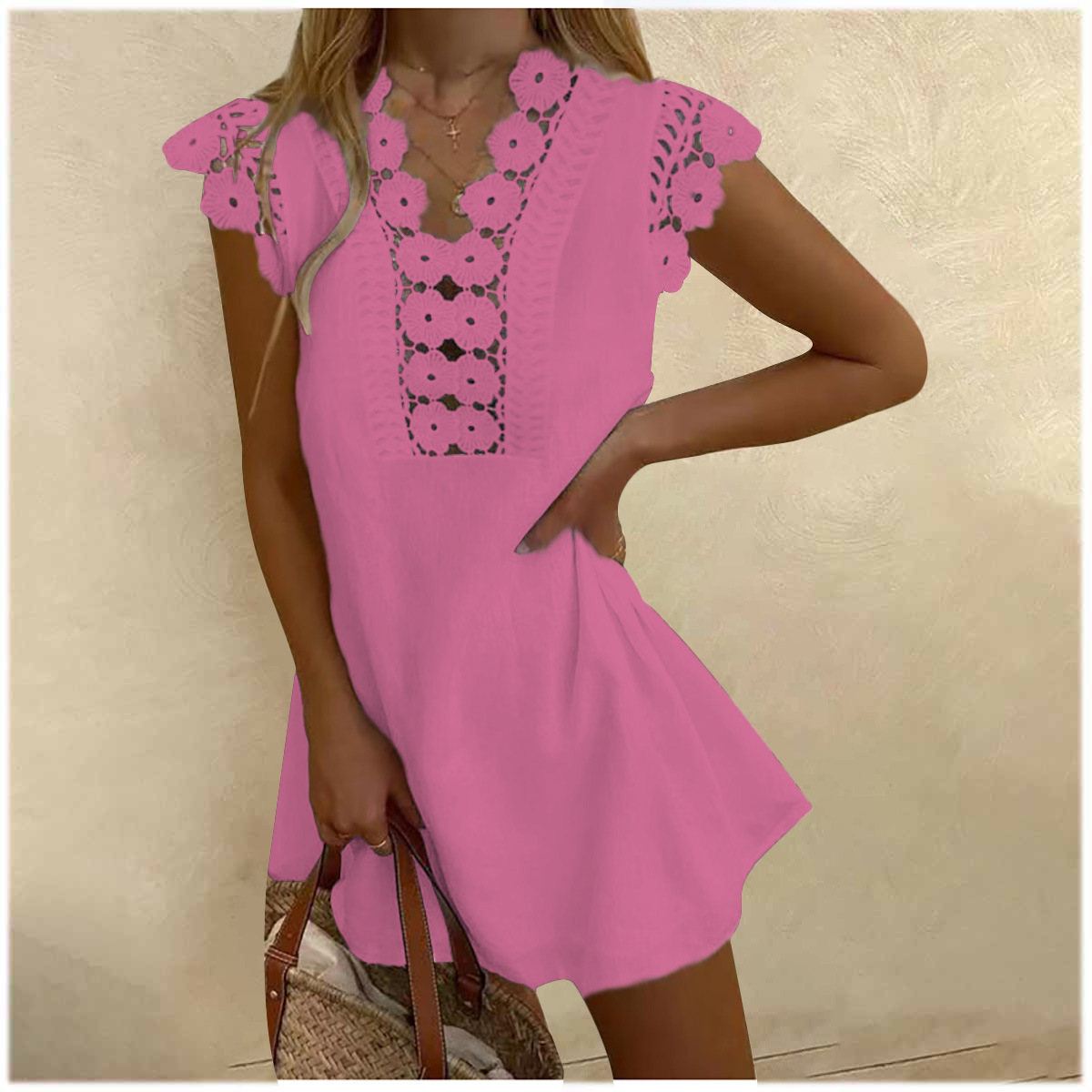 Amazon AliExpress wish independent station cross-border ladies solid color washed wrinkled lace summer cool dress