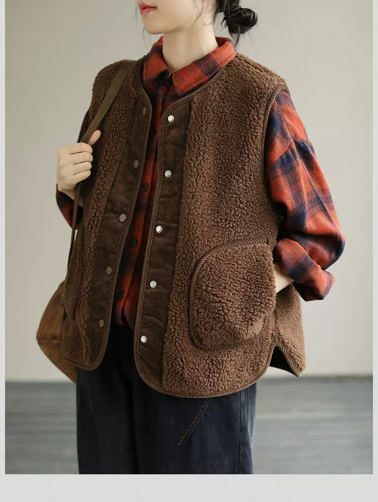 Gilet in pelliccia di agnello bifacciale per donna autunno e inverno Nuovo gilet retrò artistico ampio in velluto a coste cappotto positivo e negativo cappotto imbottito in cotone_voghion.com