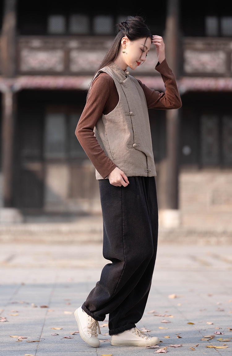 23 cotton and linen women's clothing New National style vintage buckle cotton vest top women's sand wash linen quilted warm vest_voghion.com