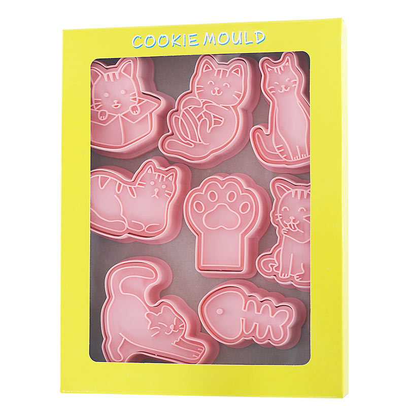 Cat biscuit mold 8-piece set cartoon kitten claw plastic cookie press mold 3d three-dimensional fondant baking tool