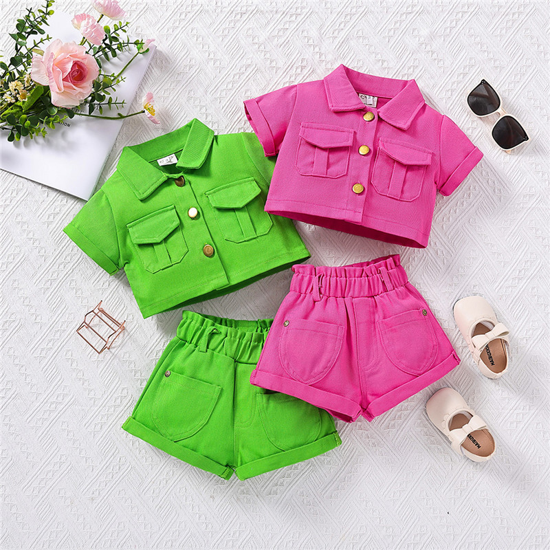 SAMGAMI BABY Foreign Trade children's clothing new summer girls western style denim suit Rose Red Coat + shorts