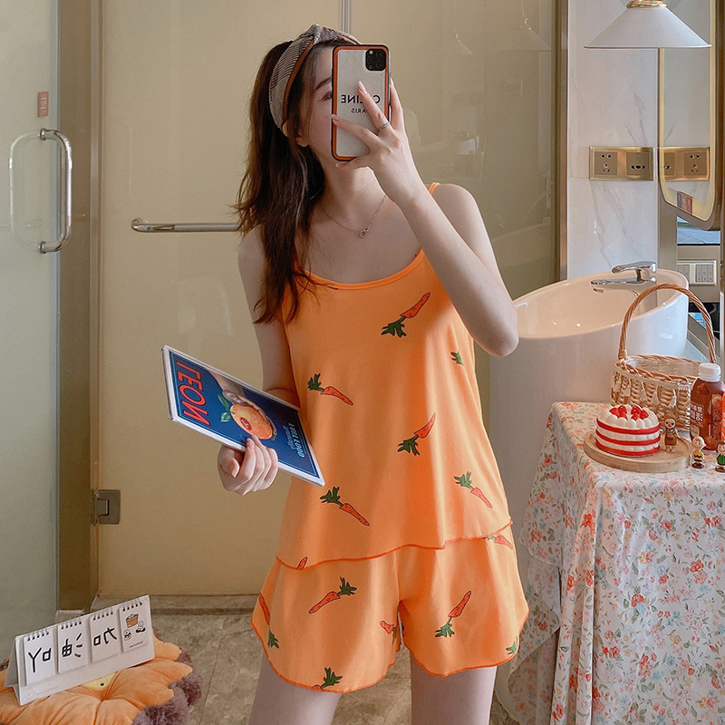 Summer New Fat plus size Women's Comfortable Simple Sling Home Clothes Pajamas Two-piece Loose Shorts suit