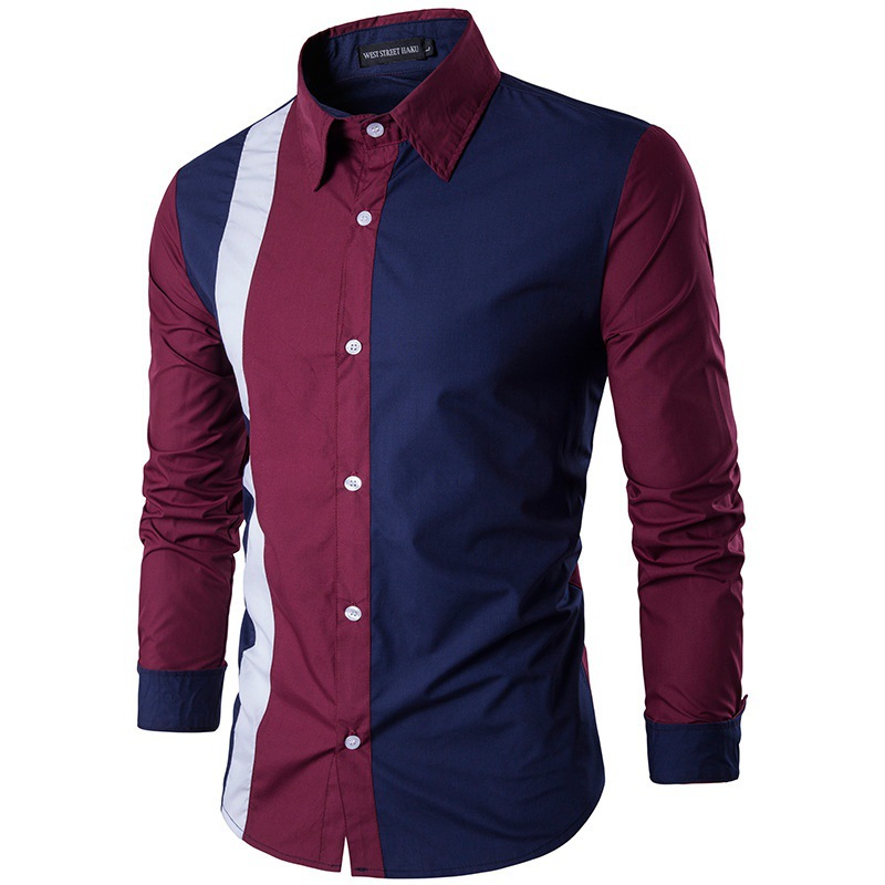 2024 New Foreign Trade Men's Fashion Stitching Shirt Spring and Autumn Long Sleeve Lapel Casual Slim Button Shirt