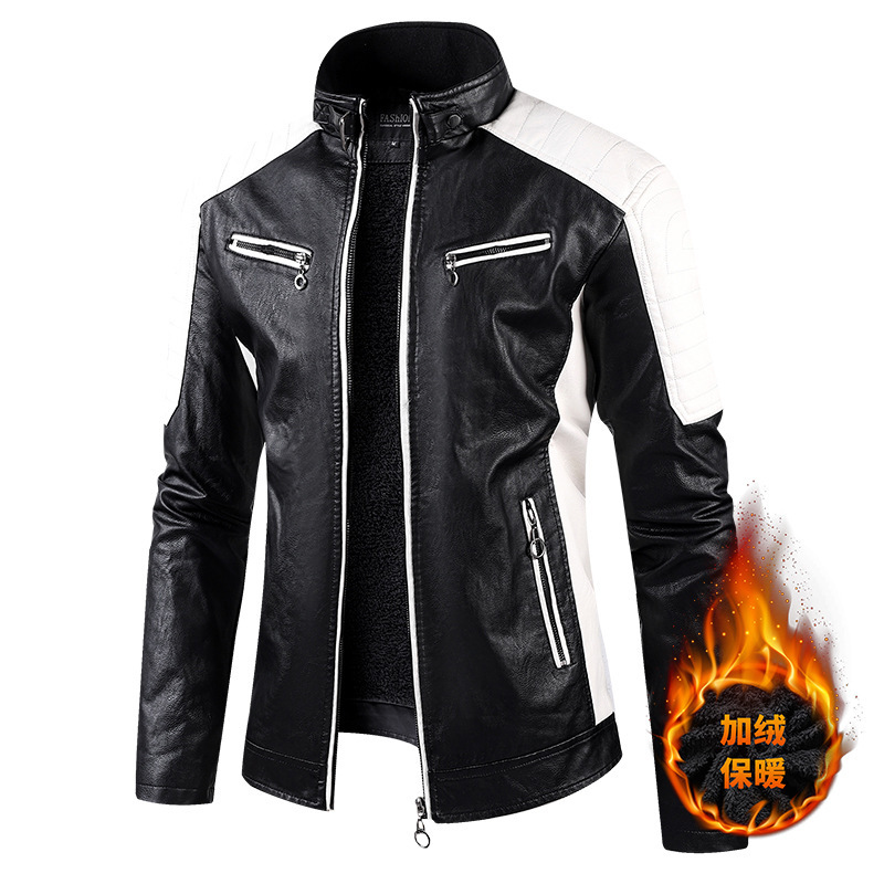 European Size Autumn and Winter New Casual Leather Men's Jacket Korean Style Slim-fit Fashionable Fleece-lined Youth PU Leather Jacket Men's Wear