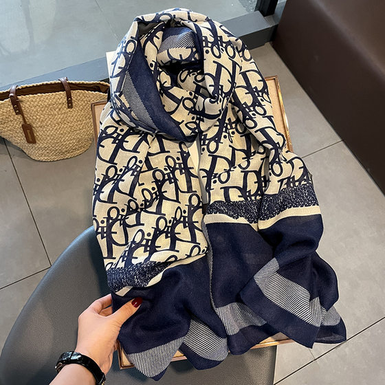2022 New Letter Fashion Western Style Silk Scarf Women's Multifunctional Scarf Sunscreen Shawl Outer Wear Autumn and Winter Cotton Linen Scarf