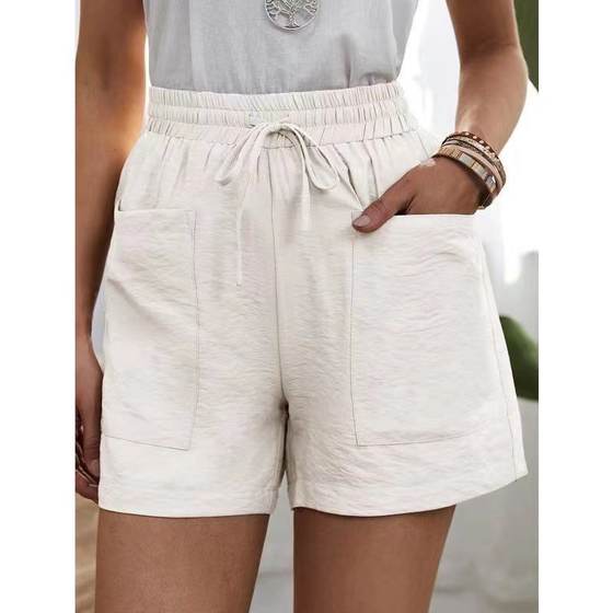 European and American Cross-border wish Summer Women's New Loose Linen Casual Shorts Pocket Solid Color Large Size High Waist Wide Leg Pants
