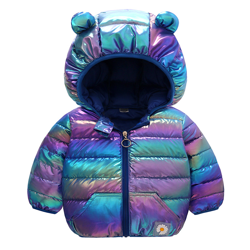 2023 new colorful children's down cotton-padded coat baby hooded pocket chrysanthemum logo boys and girls thickened coat cotton