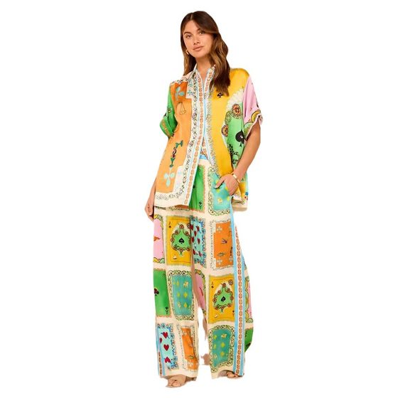 Cross-border European and American women's clothing 2024 new fashion printed elastic waist pocket wide leg pants casual suit women's summer