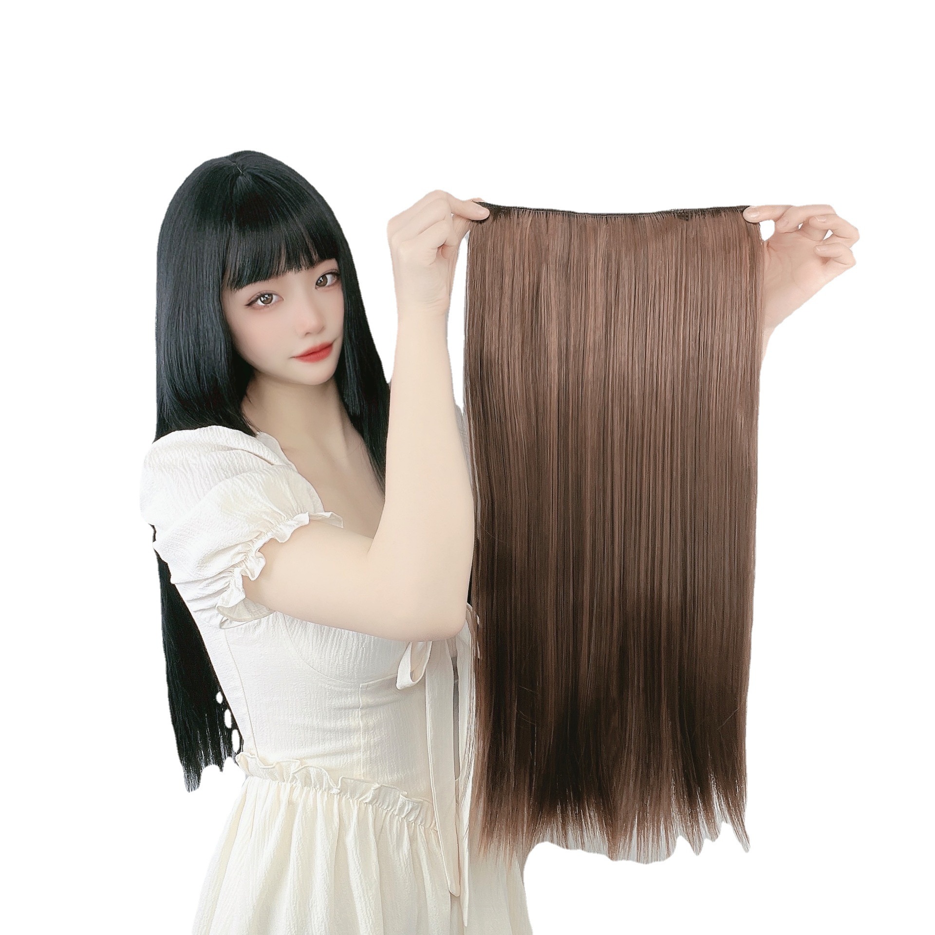 Wig women's long hair a piece of four card high temperature silk hair piece cross-border foreign trade black long straight wig a generation of hair