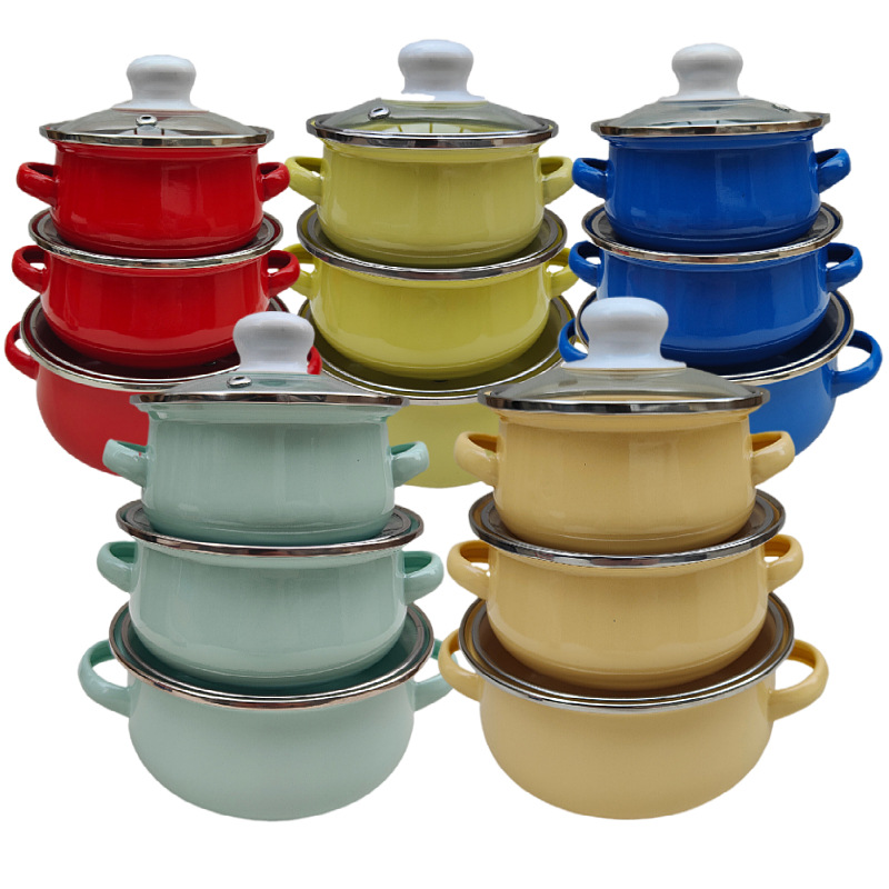 3-piece zinc enamel soup pot flat double-ear mini color enamel food supplement pot gas universal Amazon sale