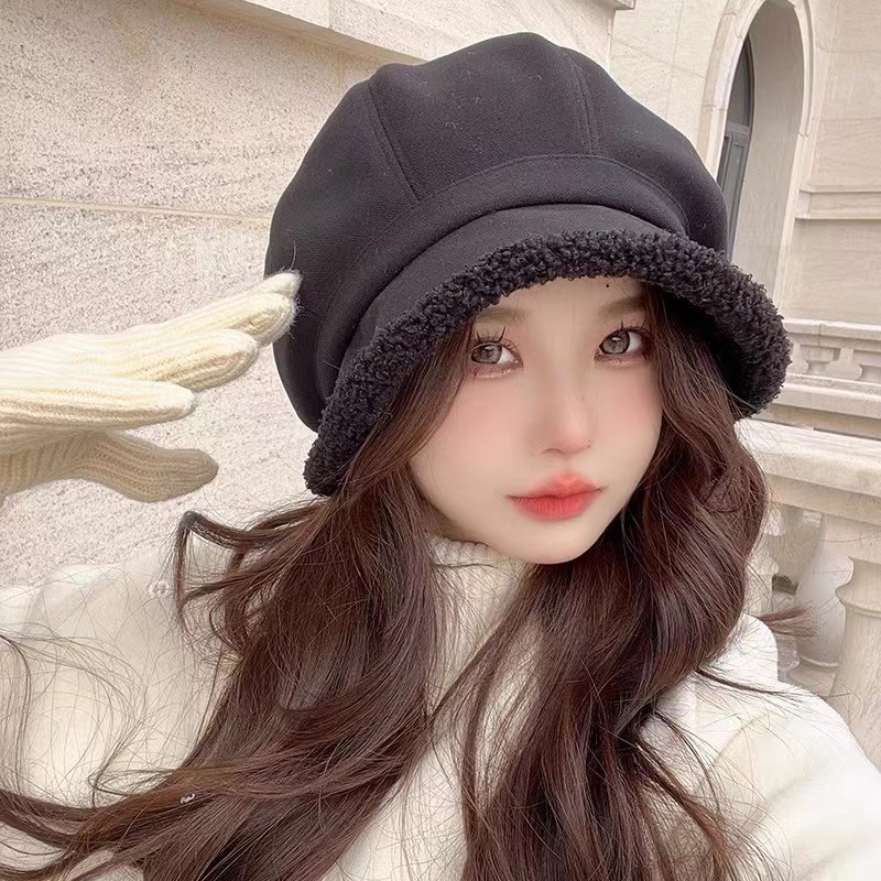 Face-looking small big head hat female winter series pile hat fleece-lined octagonal hat three-in-one all-match plush fisherman hat