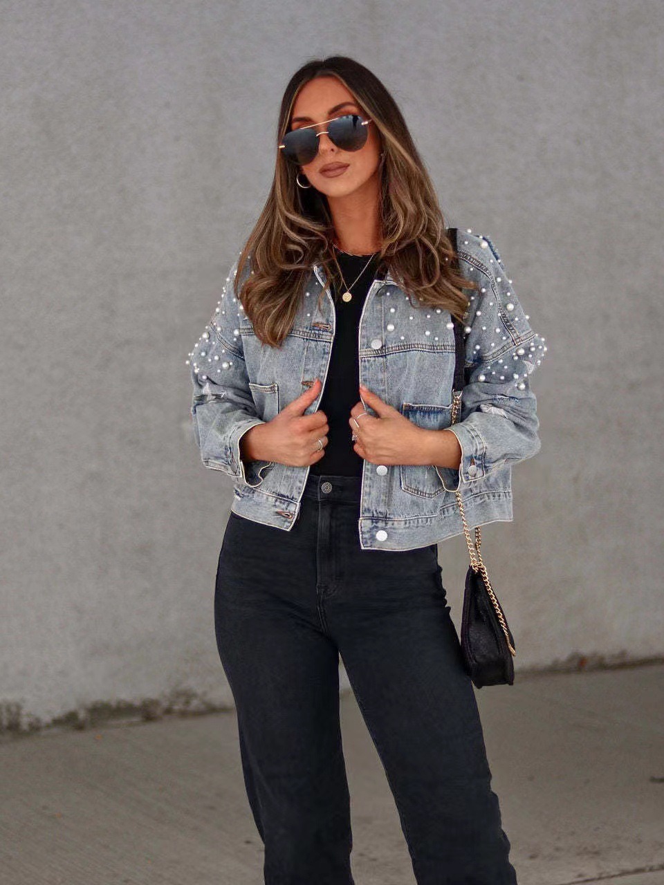 Fall/Winter 2023 European and American cross-border Amazon AliExpress fashion European and American heavy industry beaded women's loose Denim coat