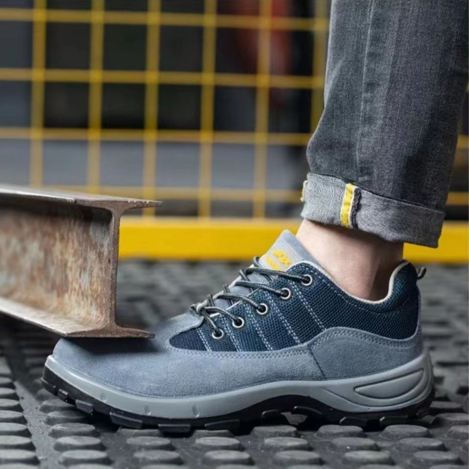 Summer Breathable Labor Protection Shoes Anti-fleece Cowhide Breathable Blue Net Solid Bottom Wear-resistant Anti-smashing Anti-puncture Safety Work Shoes