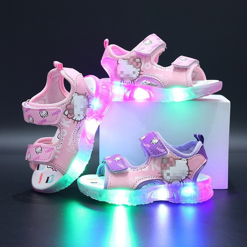 2023 Summer New Children's Sandals Korean Ktt Hello Kitty Cartoon Sandals led Glow Light Children's Beach
