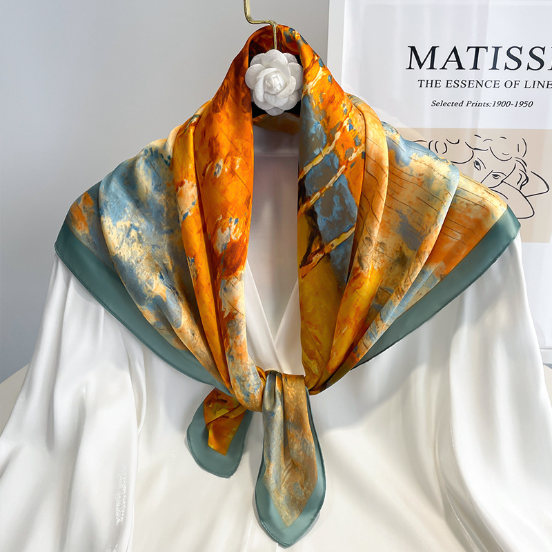Oil painting small square scarf silk scarf for women Spring Autumn Winter mom matching shirt neck protection scarf scarf scarf 70x70