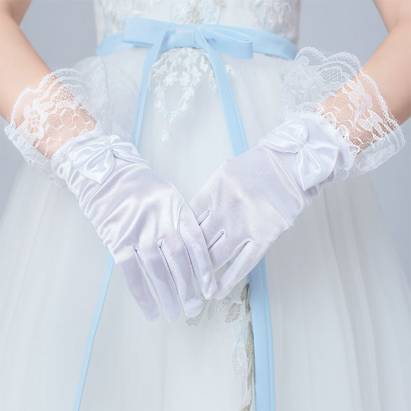 Girls' Gloves Lace Bow Satin Stretch Children's Flower Girl Dress Performance Dance Etiquette Foreign Trade Cross-Border
