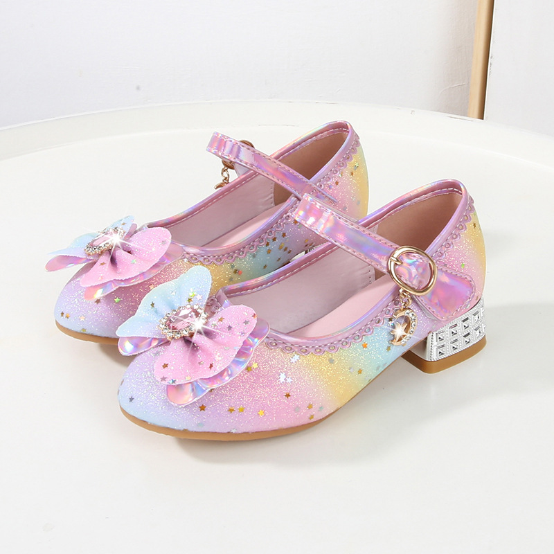 Children's rainbow princess shoes girls' high heels spring and autumn little girl's single shoes middle and big children's leather shoes Crystal children's shoes flash