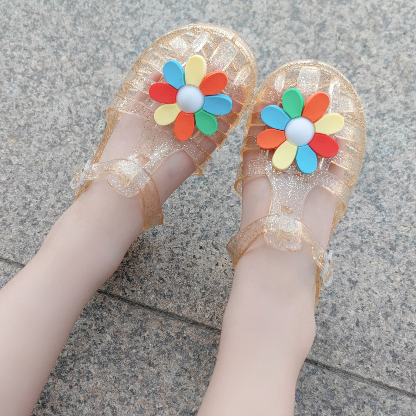 European and American New Summer Baby Girl Baotou Jelly Slippers Children's Seven Color Flower Princess Shoes Roman Beach Shoes