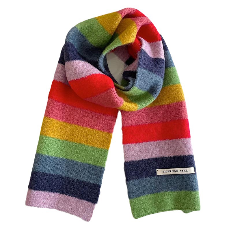 Rainbow Strip Mohair Scarf Women's Winter Korean Color Block Striped Wool Short Neck Student Warm Short Scarf for Men
