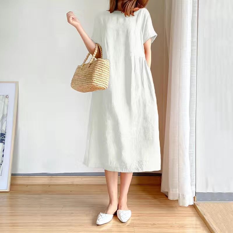 Simple Literary Style Loose Slimming Look Dress Women's Summer 2024 New Large Size Fat Mm Mid-length Skirt