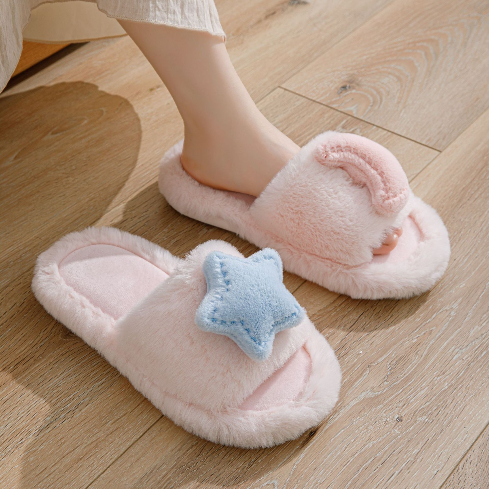 Cross-border ins Star Moon Contrast Open-mouth Cotton Slippers Winter Home Indoor Plush Slippers Women Warm Mao Mao Slippers Women
