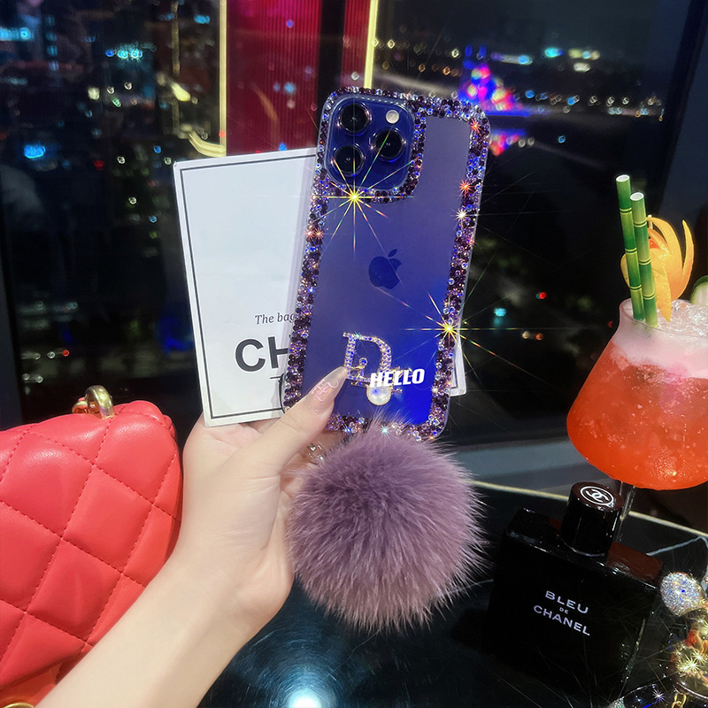 適用蘋果15pro手機殼紫色水鑽iPhone14奢華潮牌13毛球女款保護套