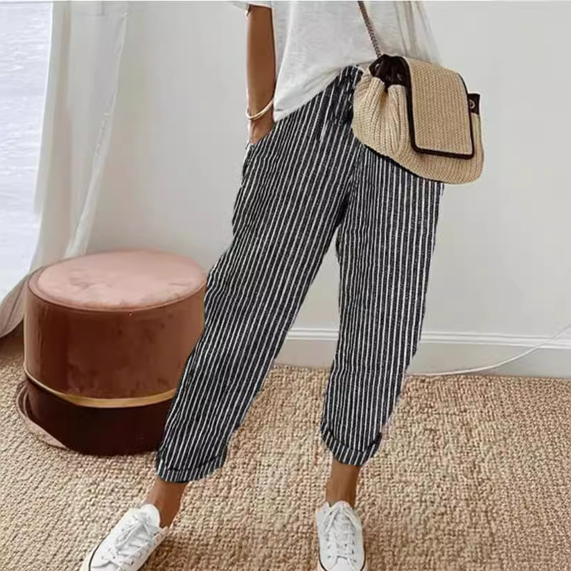 2024 Summer New Fashion Amazon Independent Store Stripe Casual Pants Loose Elastic Waist Women 