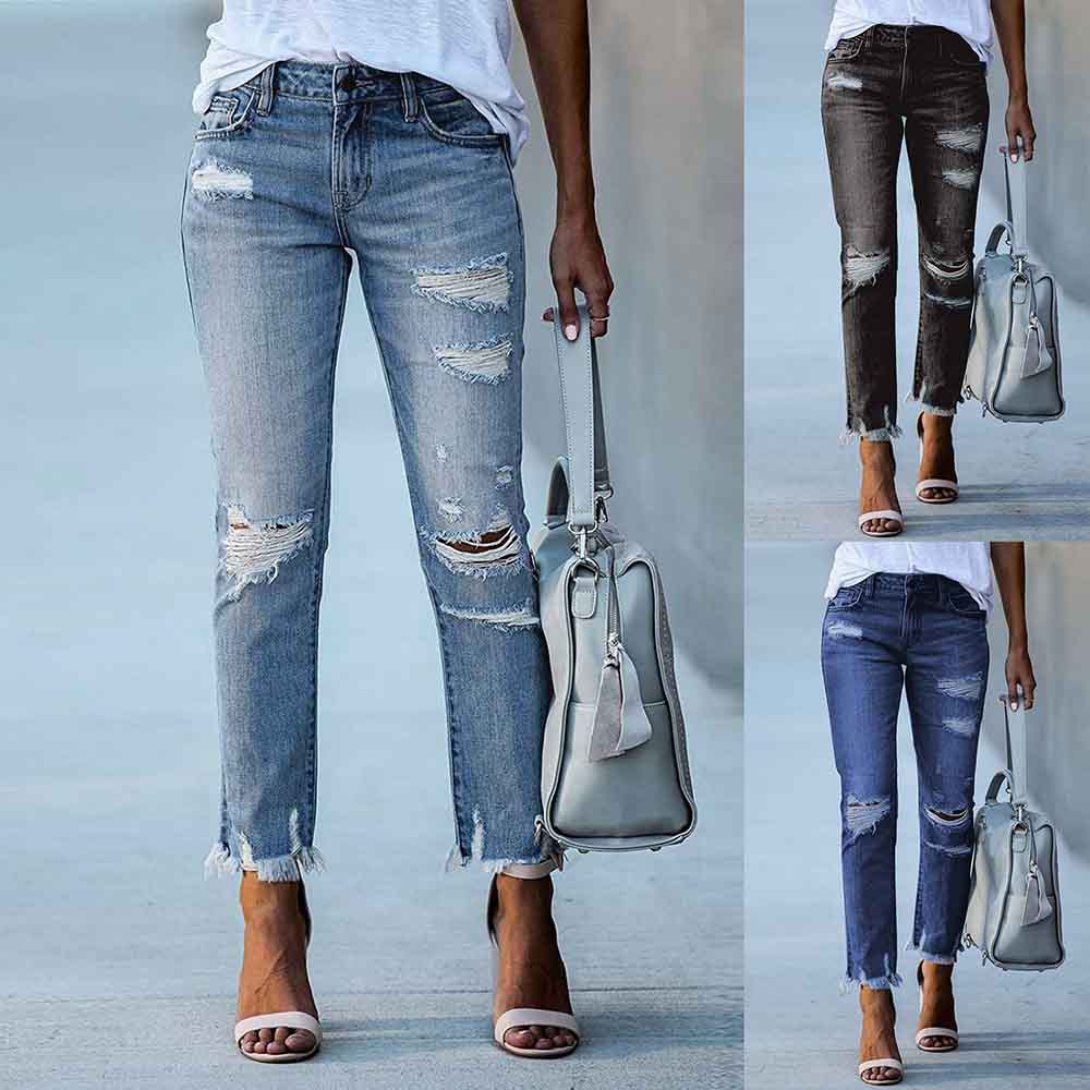 2023 New Women's Straight Tassel Jeans Amazon Cross-border Independent Station Slim-fit Ripped Pants Women