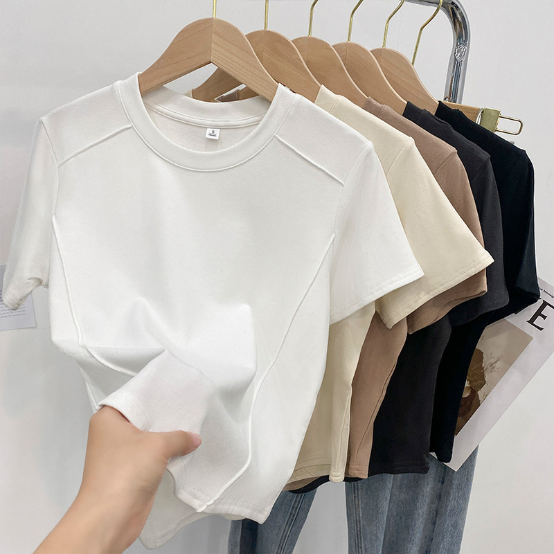 Solid Color Round Neck Short-sleeved Slim-fit T-shirt Women's 2024 Summer European-style New Style Age-reducing Fishbone Short Shoulder Shirt