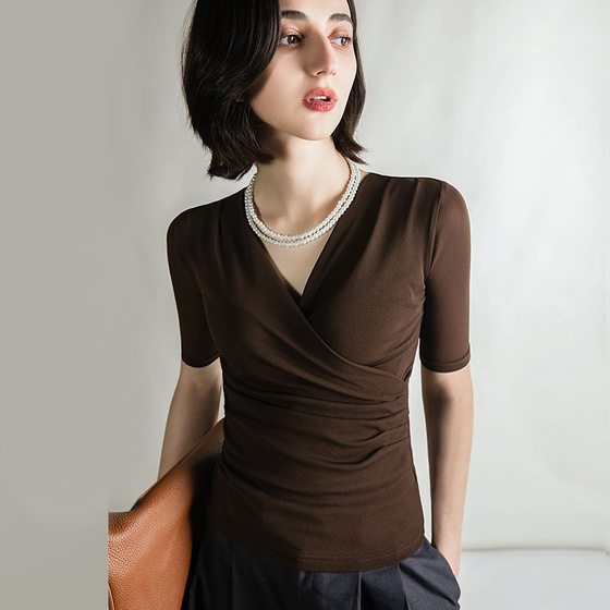 Summer New Mid-sleeve Mesh Top Stylized Inner Base Shirt Stretch Large Size Cross V-neck Small Shirt