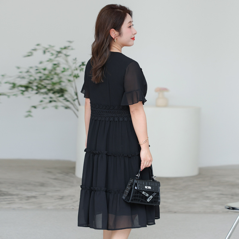Chiffon Dress Women's Summer 2023 New Large Size Slim-fit Tight Waist Slimming Elegant Black Summer Skirt 8530