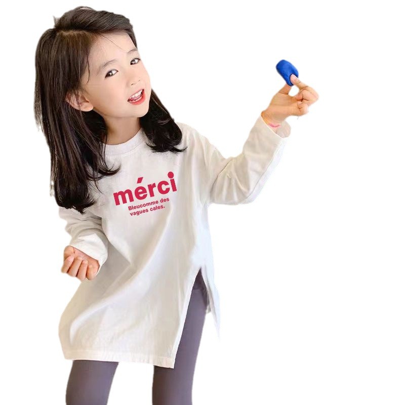 Girls Mid-lengTh SliT T-shirT 2024 AuTum New Korean STyle Girls Personalized AsymmeTrical Long-sleeved CarToon Top
