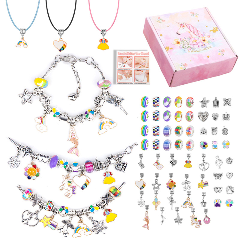Amazon Hot Sale diy Children's Bracelet Set Cartoon Pink Mermaid Handmade Beaded Educational Gift Set