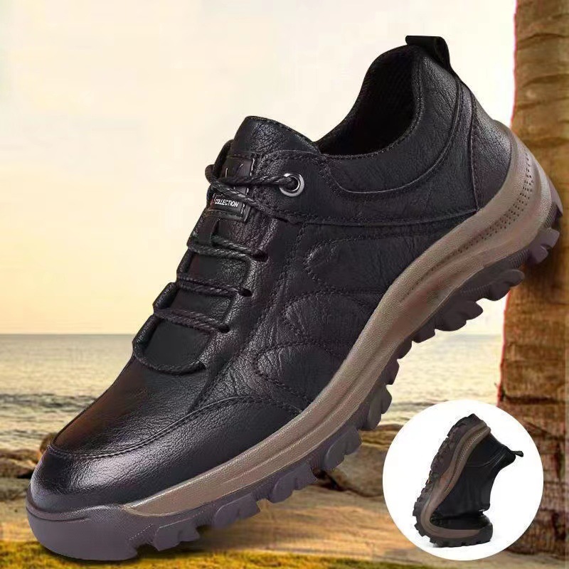 Leather Mountaineering Sneakers 2024 Low-top Lace-up Casual Leather Shoes Outdoor Round Toe Hiking Men's Shoes Thick Sole Tooling Shoes